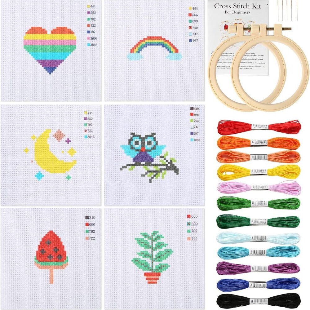 Cross Stitch Beginner Kit for Kids 7-13, Includes 6pcs Project Cross Stitch Patt